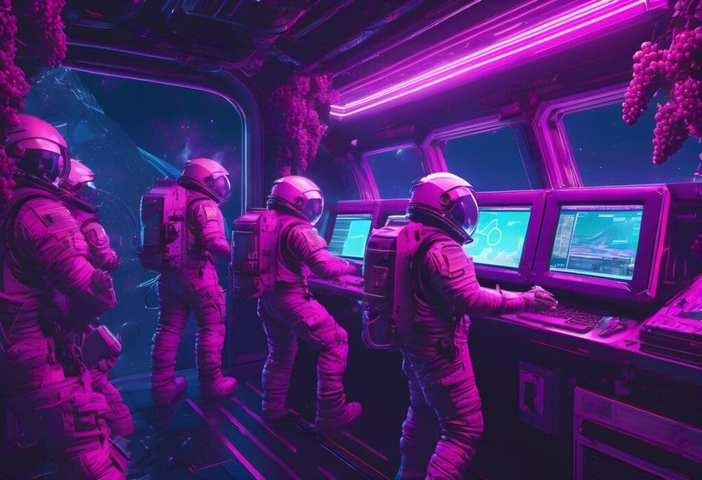 Astronauts in front of Cyber Grapes computers