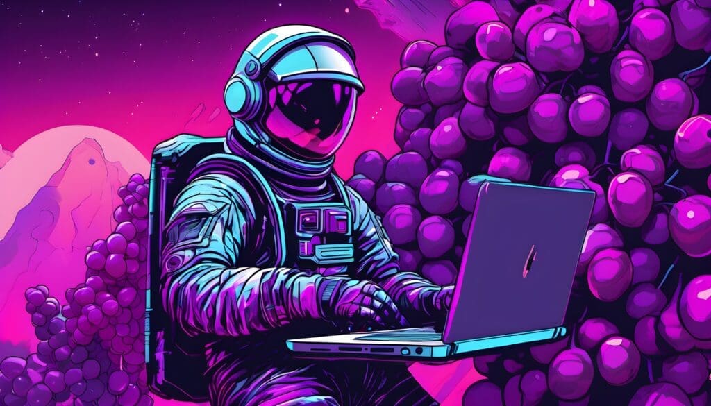 Astronaut Holding a Laptop with Grapes in the Background Cyber Grapes Services