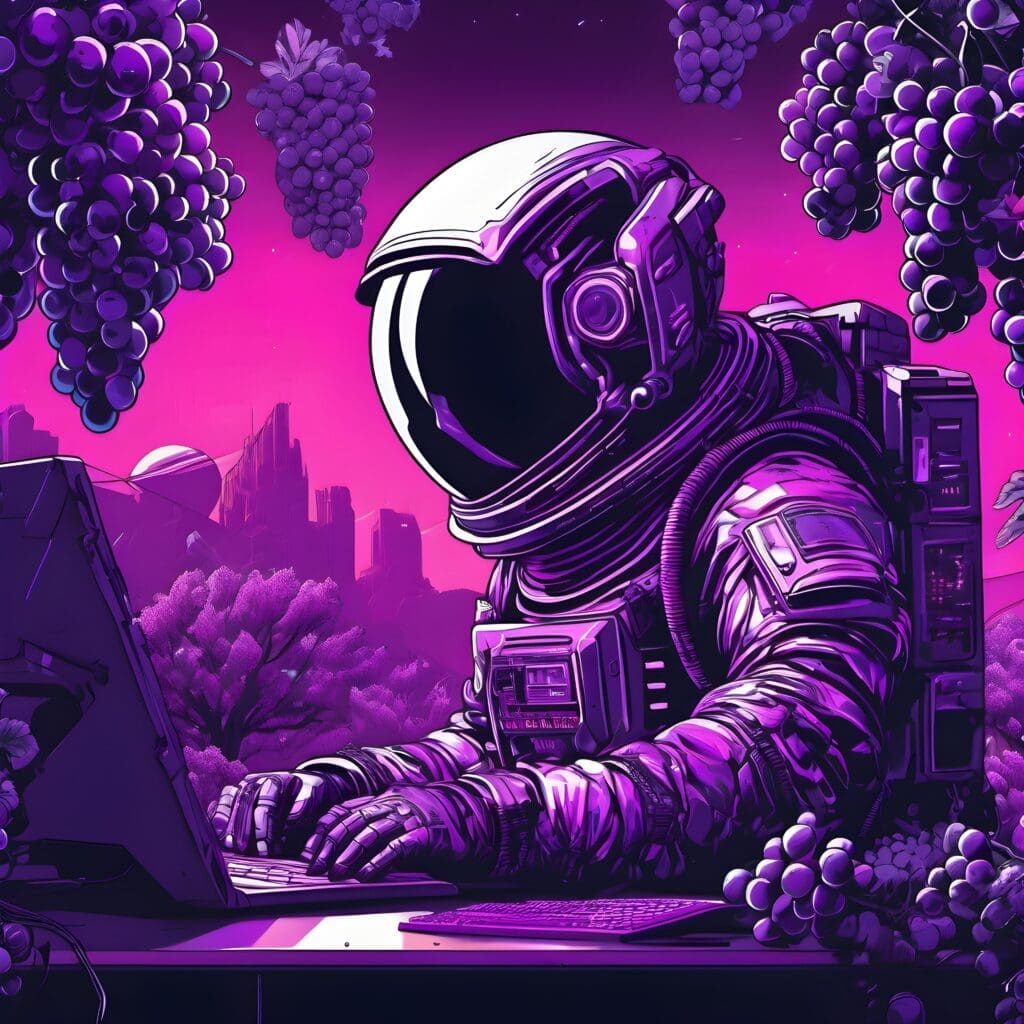 Astronaut, surrounded by grapes, on a computer 3