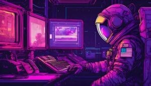 an astronaut looking at a computer screen, grapes, american flag