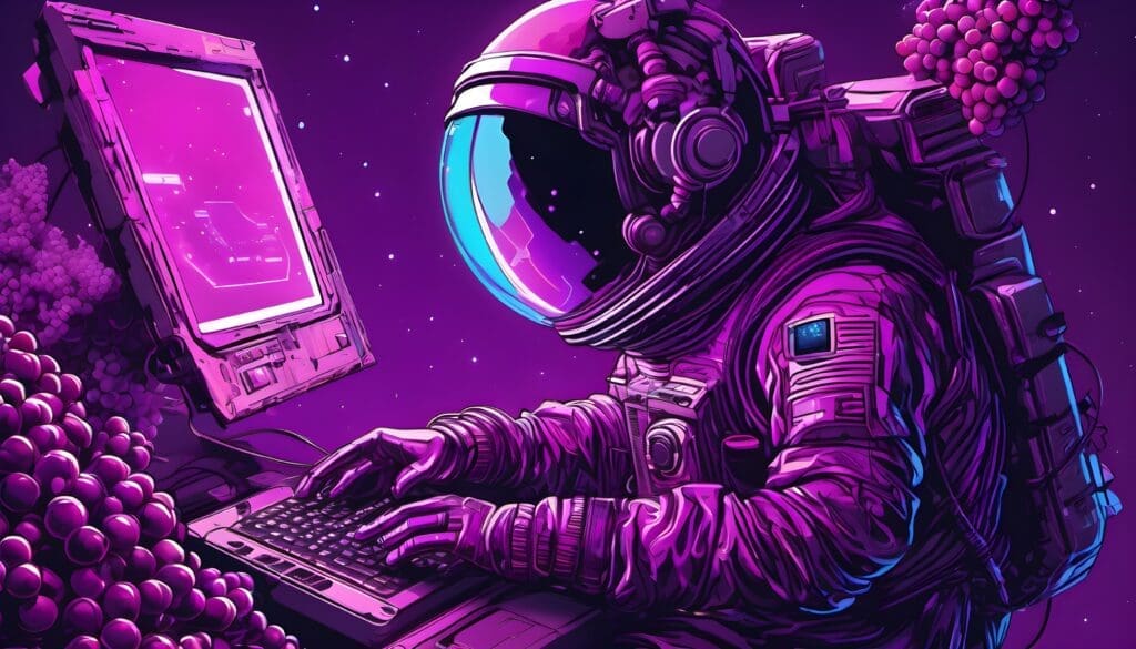 astronaut, surrounded by grapes, typing on a computer