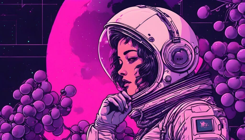 A cyber grapes astronaut scratching her head, grapes in background