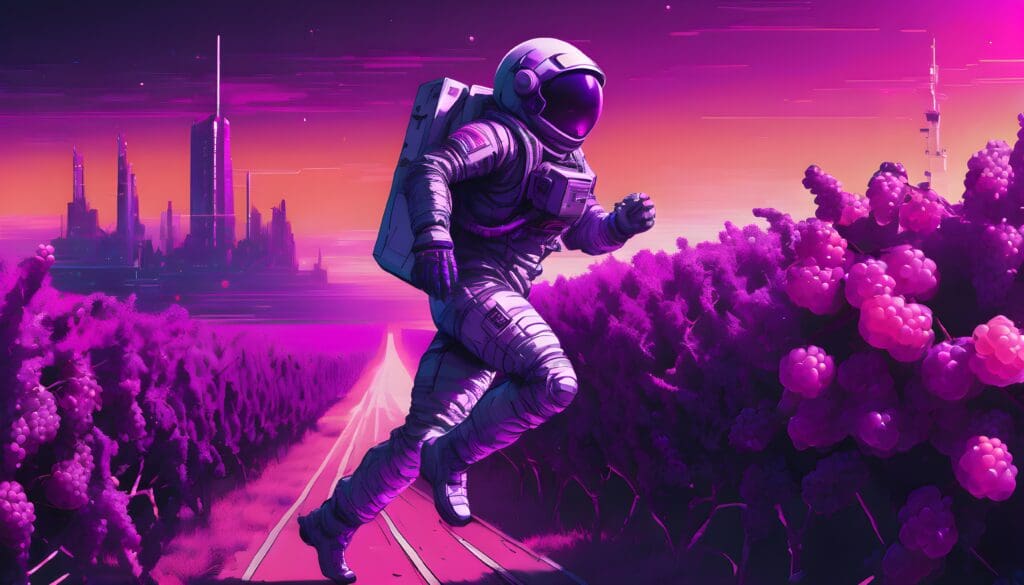 Astronaut running with a computer - grapes in background 4