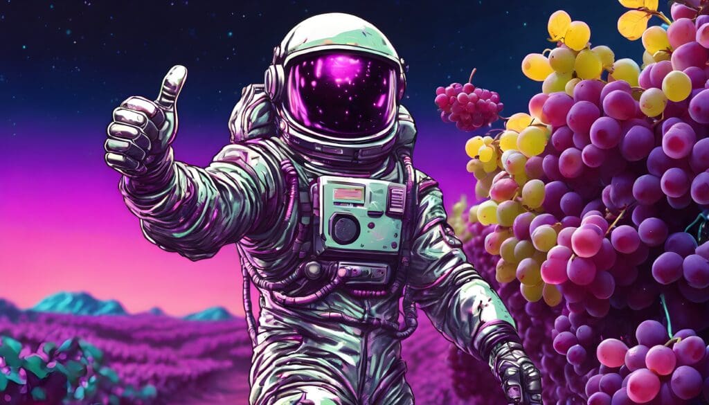 astronaut giving thumbs up in outer space. bushels of grapes in background 2