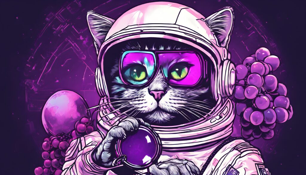 cyber grapes astronaut cat holding a magnifying glass 1