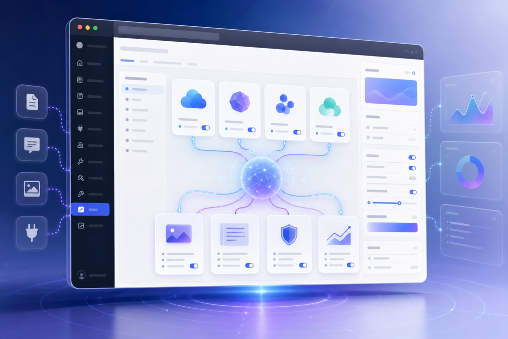 Cloud-based dashboard with connected app modules and analytics panels