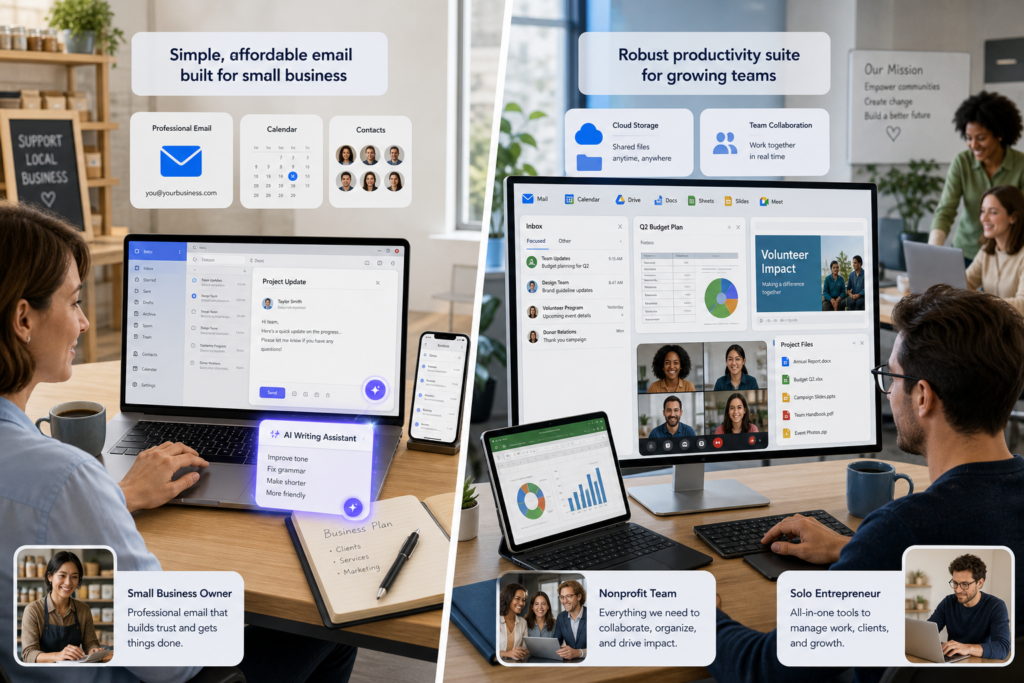 Comparison of email and productivity tools for small businesses, teams, nonprofits, and solo entrepreneurs