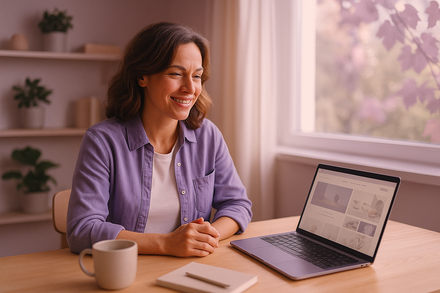Small business owner smiling at her laptop, ready to build her website with Cyber Grapes