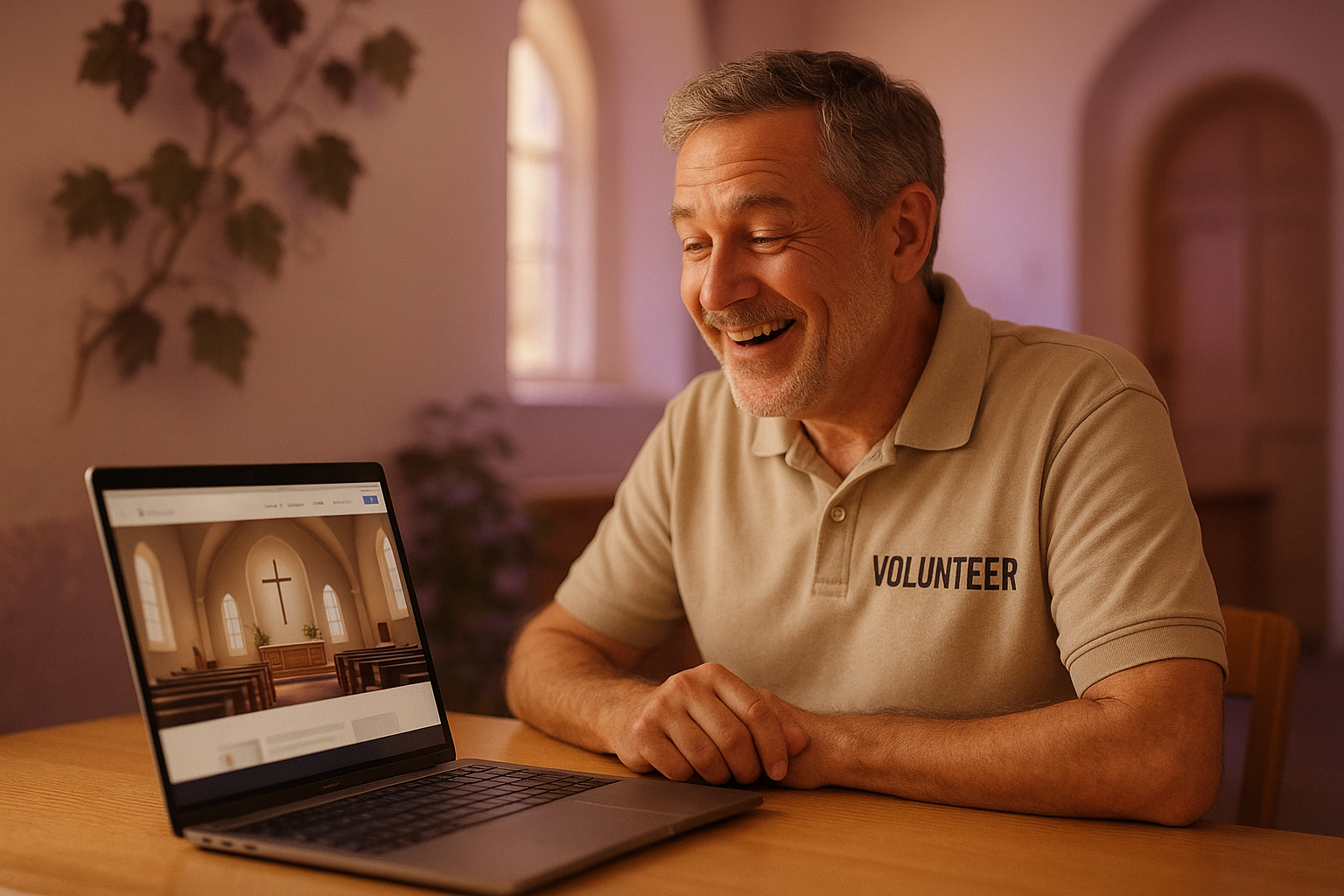 Church volunteer smiling at laptop, managing his congregation website through Cyber Grapes