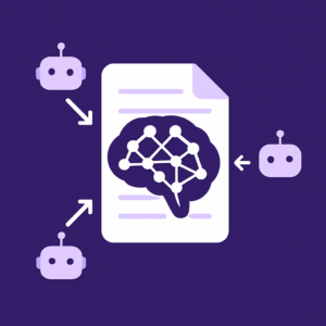 Text file icon with AI neural network overlaid, arrows pointing to AI assistant icons