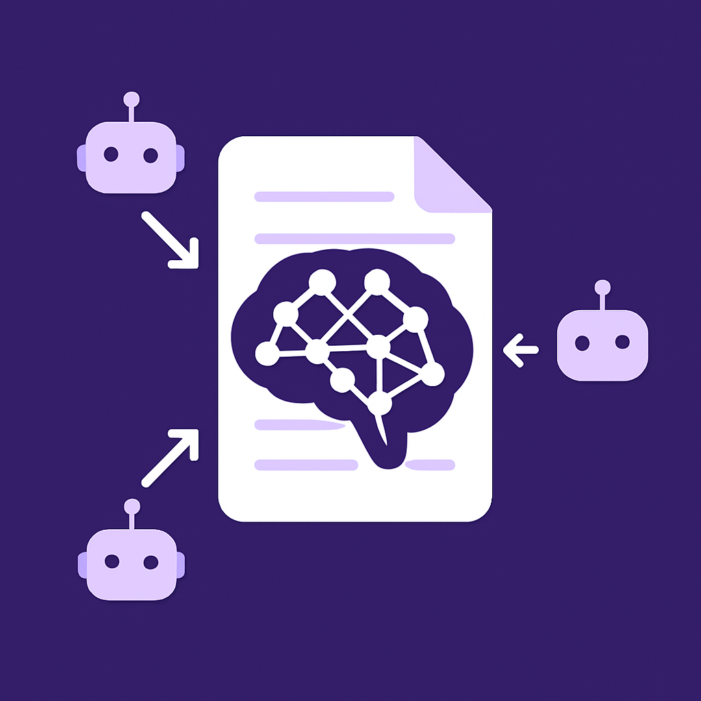 Text file icon with AI neural network overlaid, arrows pointing to AI assistant icons