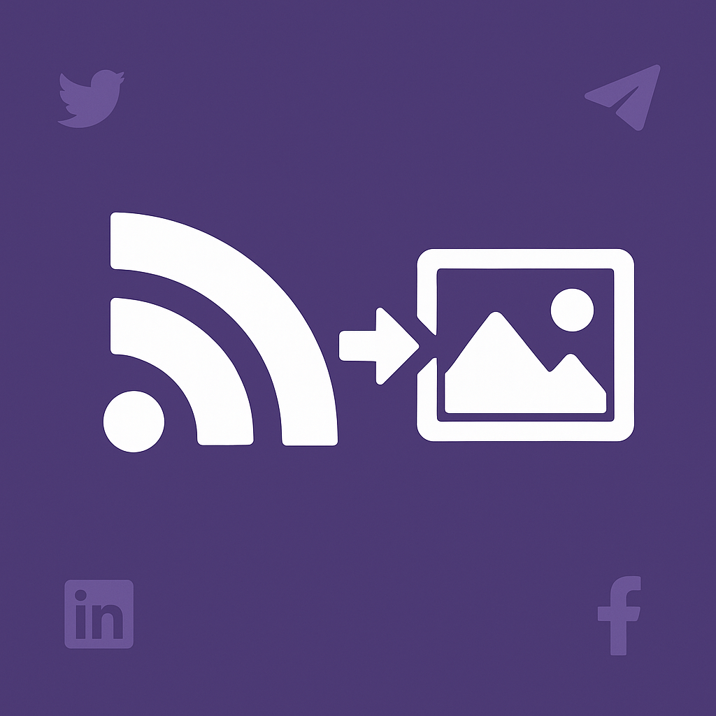 RSS feed icon with photo frame showing featured image flowing into the feed