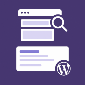 Browser window with SEO title and meta description fields and a magnifying glass icon