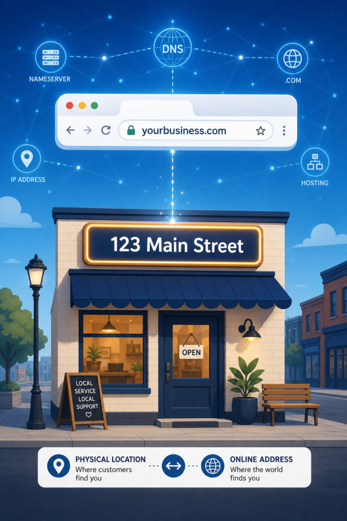 Illustration comparing a physical store address (123 Main Street) to an online domain (yourbusiness.com), connected via DNS, nameserver, IP address, and hosting components