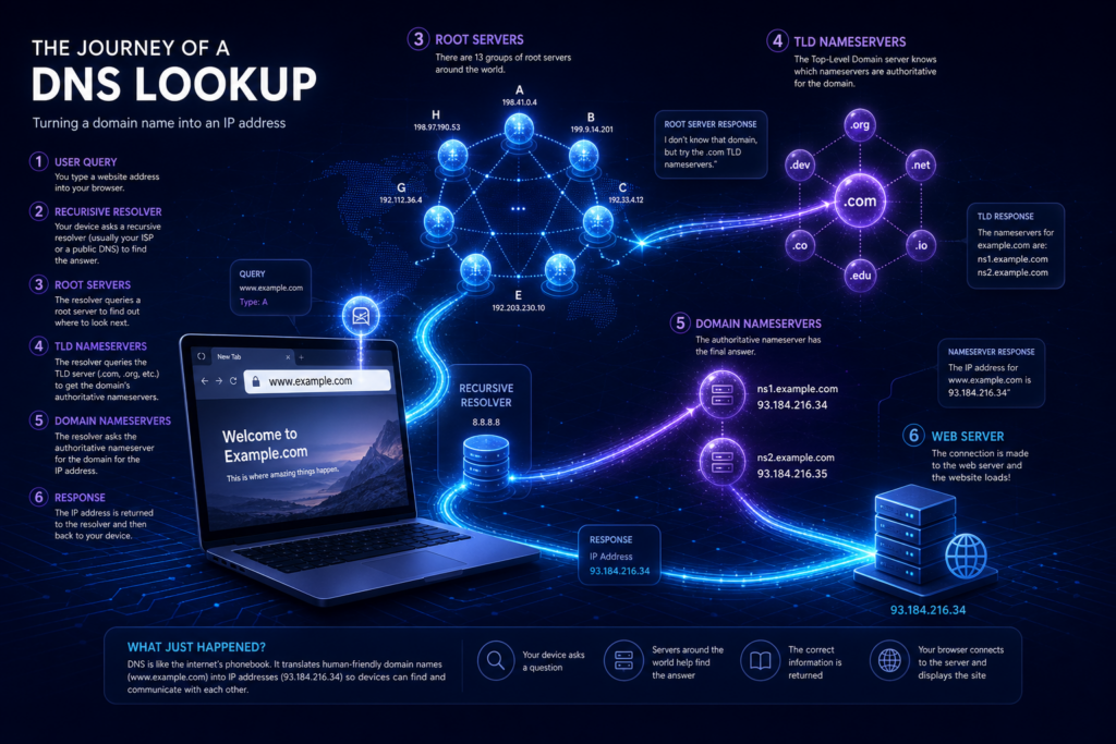 Infographic showing the 6-step journey of a DNS lookup, from user query through root servers, TLD nameservers, and domain nameservers, returning IP address 93.184.216.34