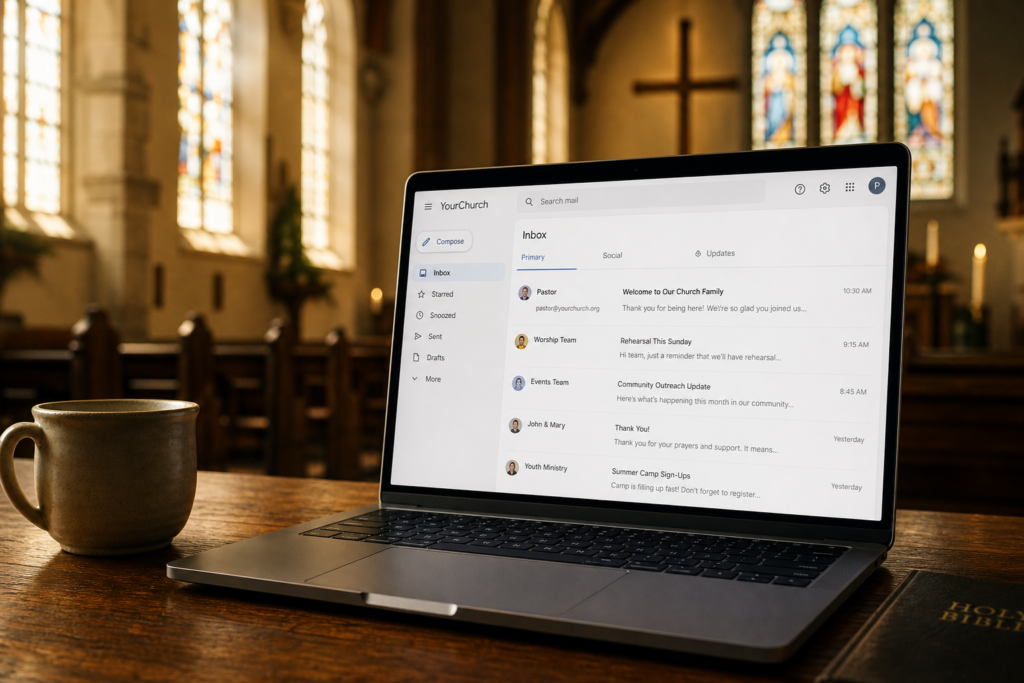 Laptop displaying a church email inbox with messages from Pastor, Worship Team, and Youth Ministry, inside a church sanctuary