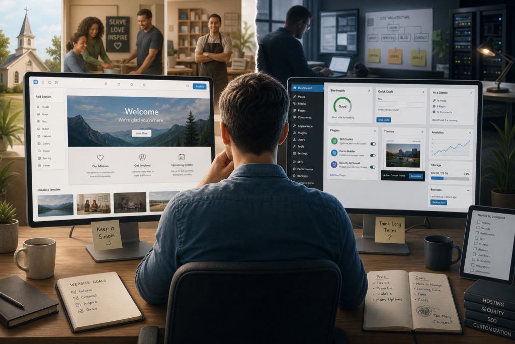 Person choosing between a simple website builder and a WordPress dashboard for a church site