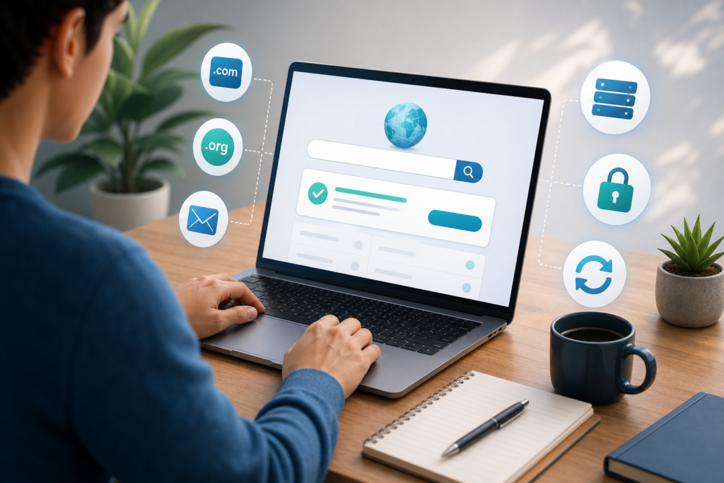 Person using a laptop with a web search interface and icons for domains, email, servers, security, and refresh