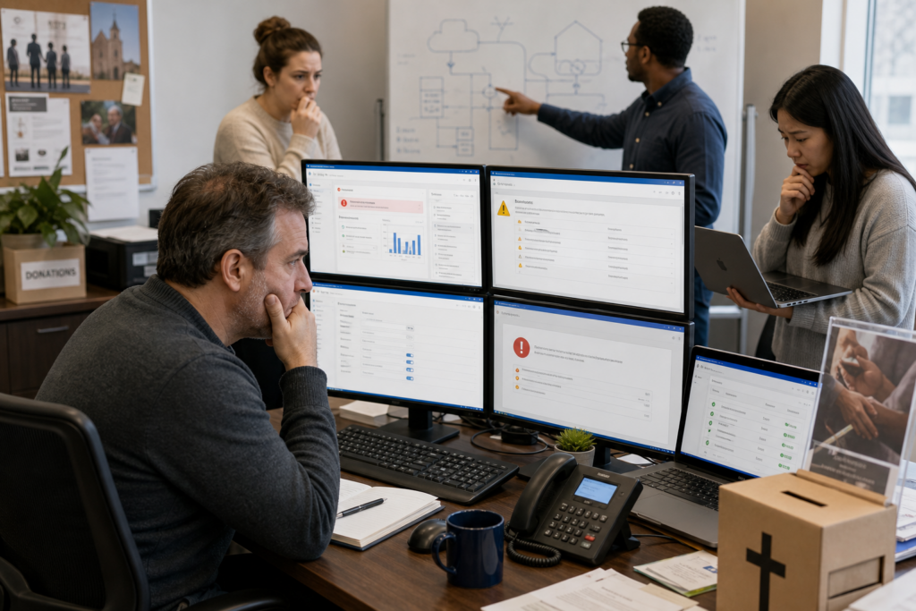 Team reviewing multiple dashboard alerts in an office