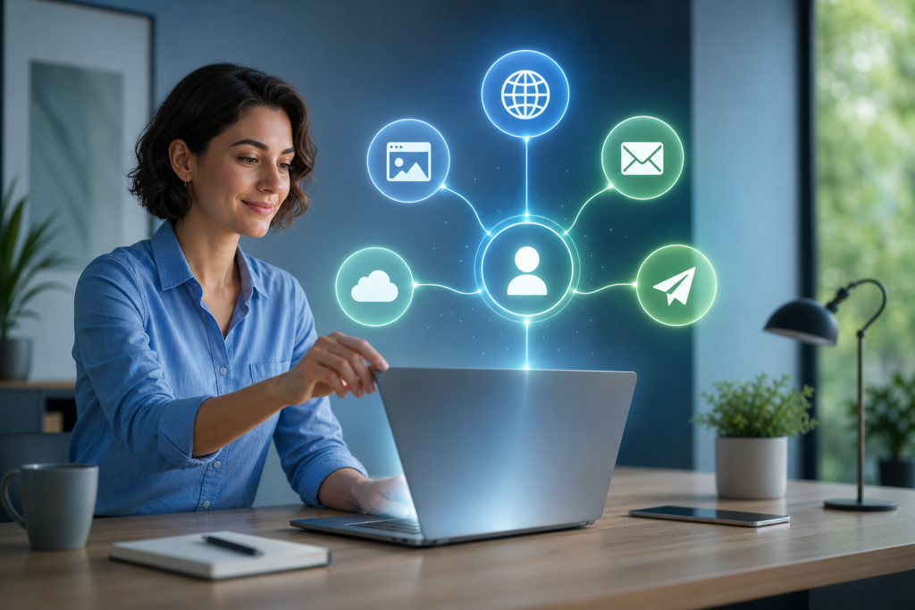 Woman using a laptop with icons for web, email, cloud, images, and messaging around her