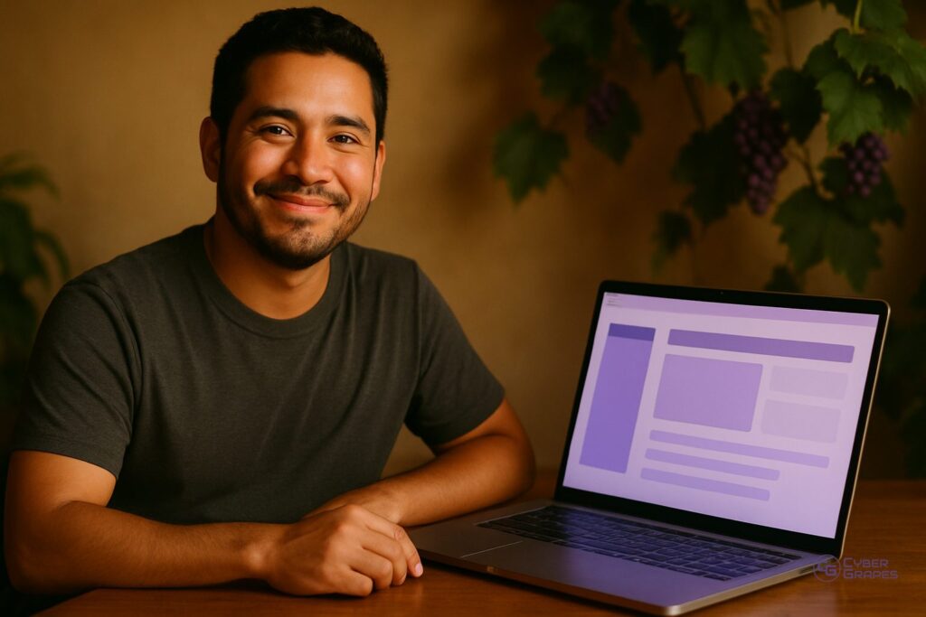 A man sitting beside an open laptop showing a simple purple-toned website layout