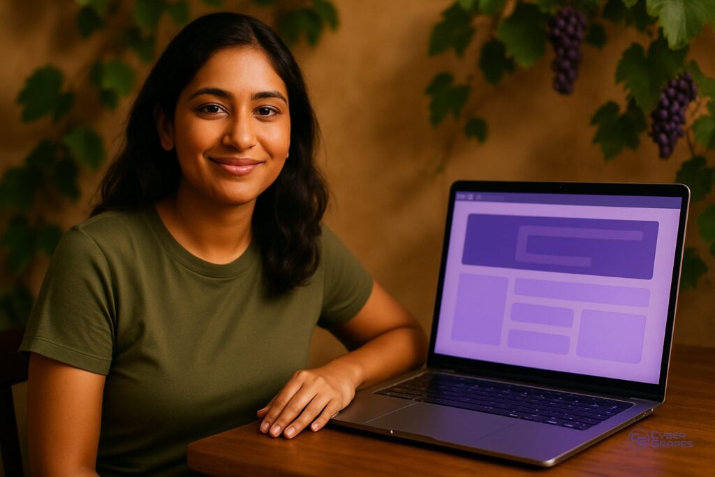 Woman smiling while sitting beside an open laptop showing a fast, well-designed website layout