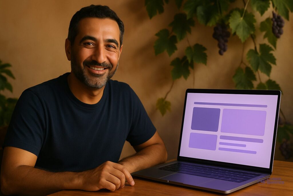 Small business owner sitting beside an open laptop showing a website layout, representing the choice of a WordPress theme
