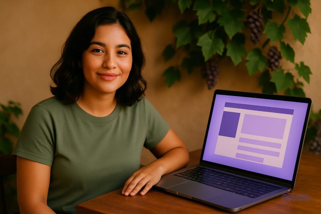 Small business owner sitting at a wooden table smiling next to an open laptop showing a simple website layout