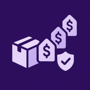 Flat icon illustration of a shipping box with tiered price tags and an insured shipping shield, representing price-based flat rate shipping
