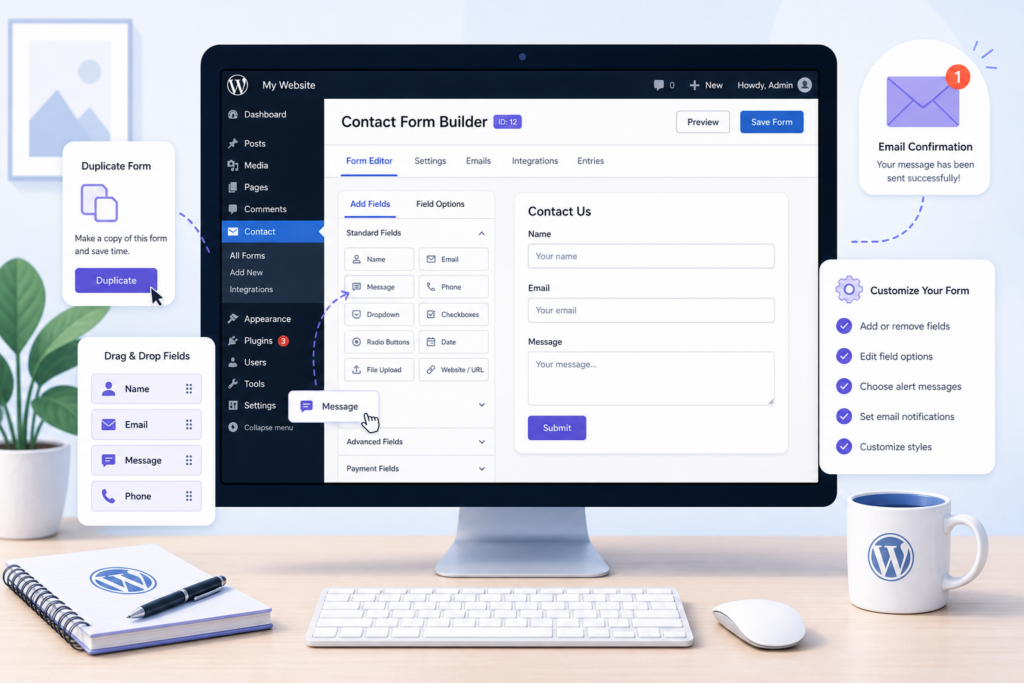 WordPress Contact Form Builder interface showing drag-and-drop fields, form editor, email confirmation, and customization options on a desktop monitor